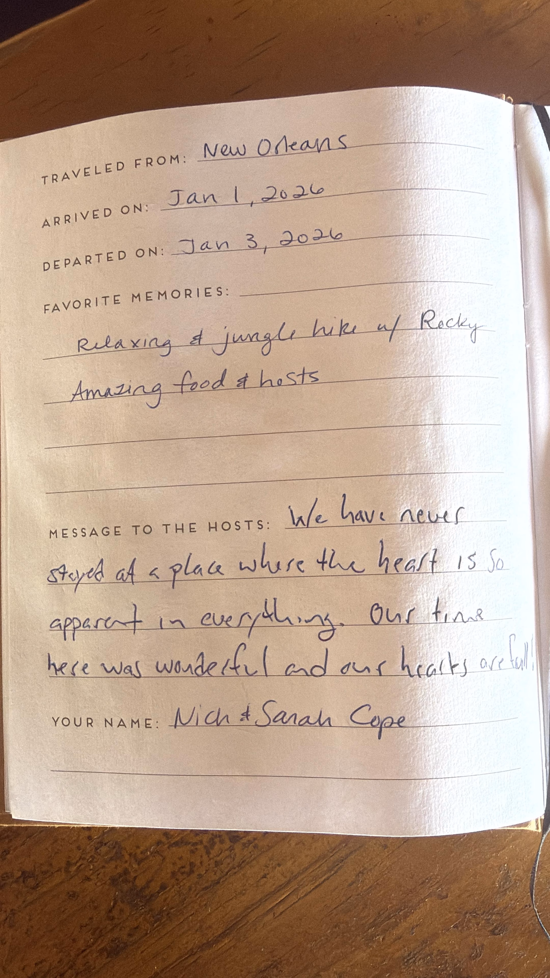Handwritten guest review from Dolphin Blue Paradise guestbook